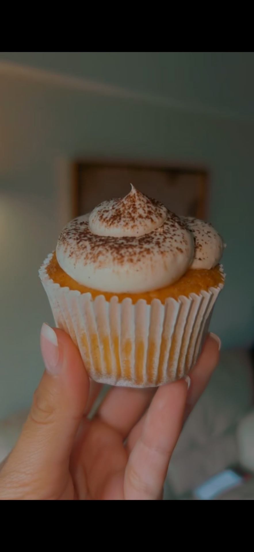 A single cupcake with piped cream and cocoa dusting